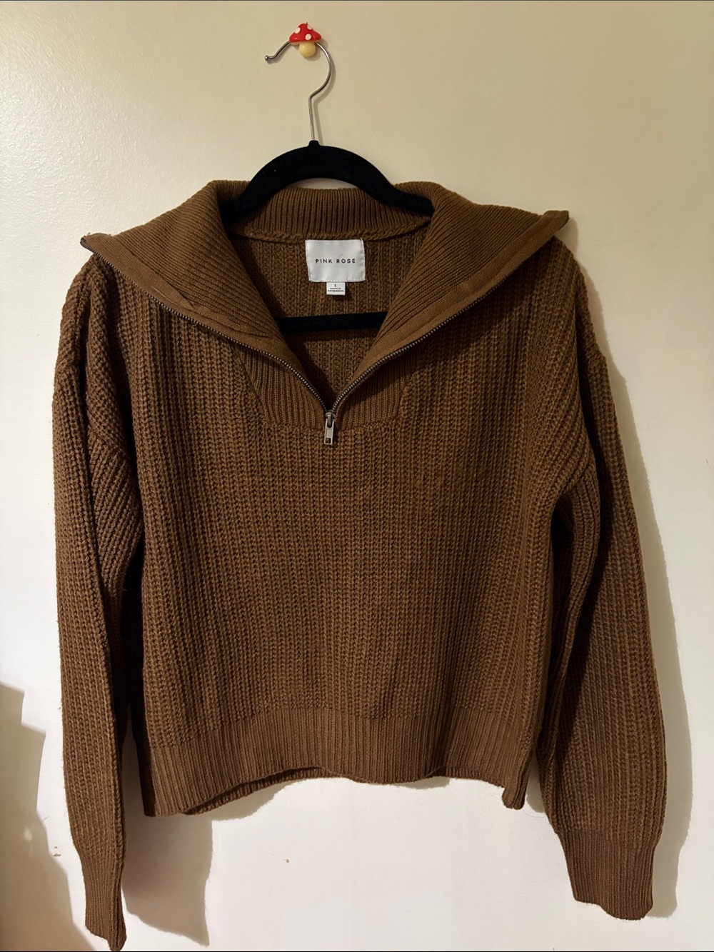 Pink Rose Chestnut Brown Half-Zip Ribbed Sweater